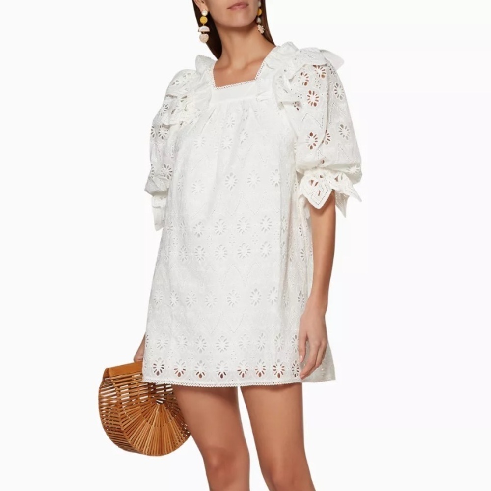 Shona Joy  Viola Mini Dress White Eyelet Lace Puff Sleeve Ruffle Size 6